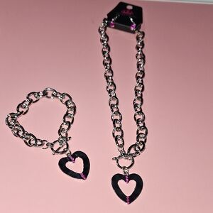 Paparazzi Silver Necklace Set with Pink Bling Hearts